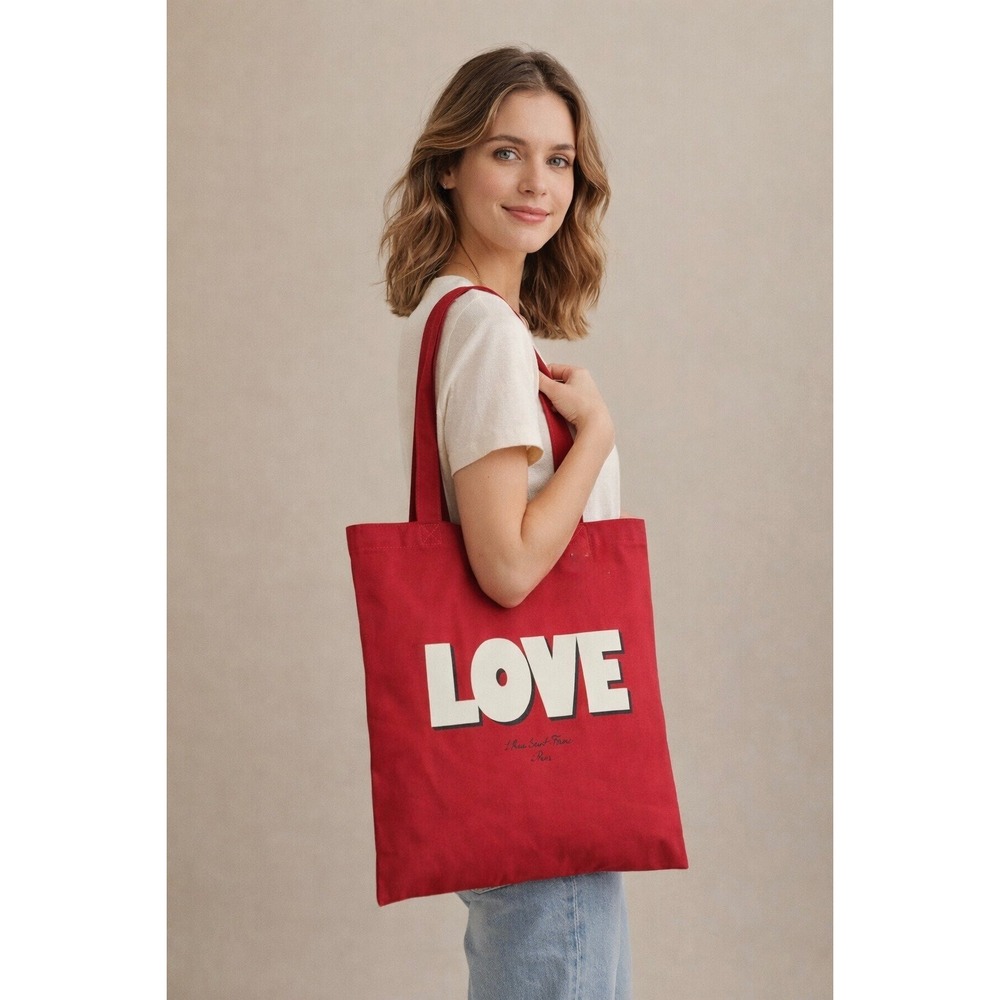 Sezane Red Love Graphic Tote Bag 100% Recycled Cotton Canvas Paris Shopper